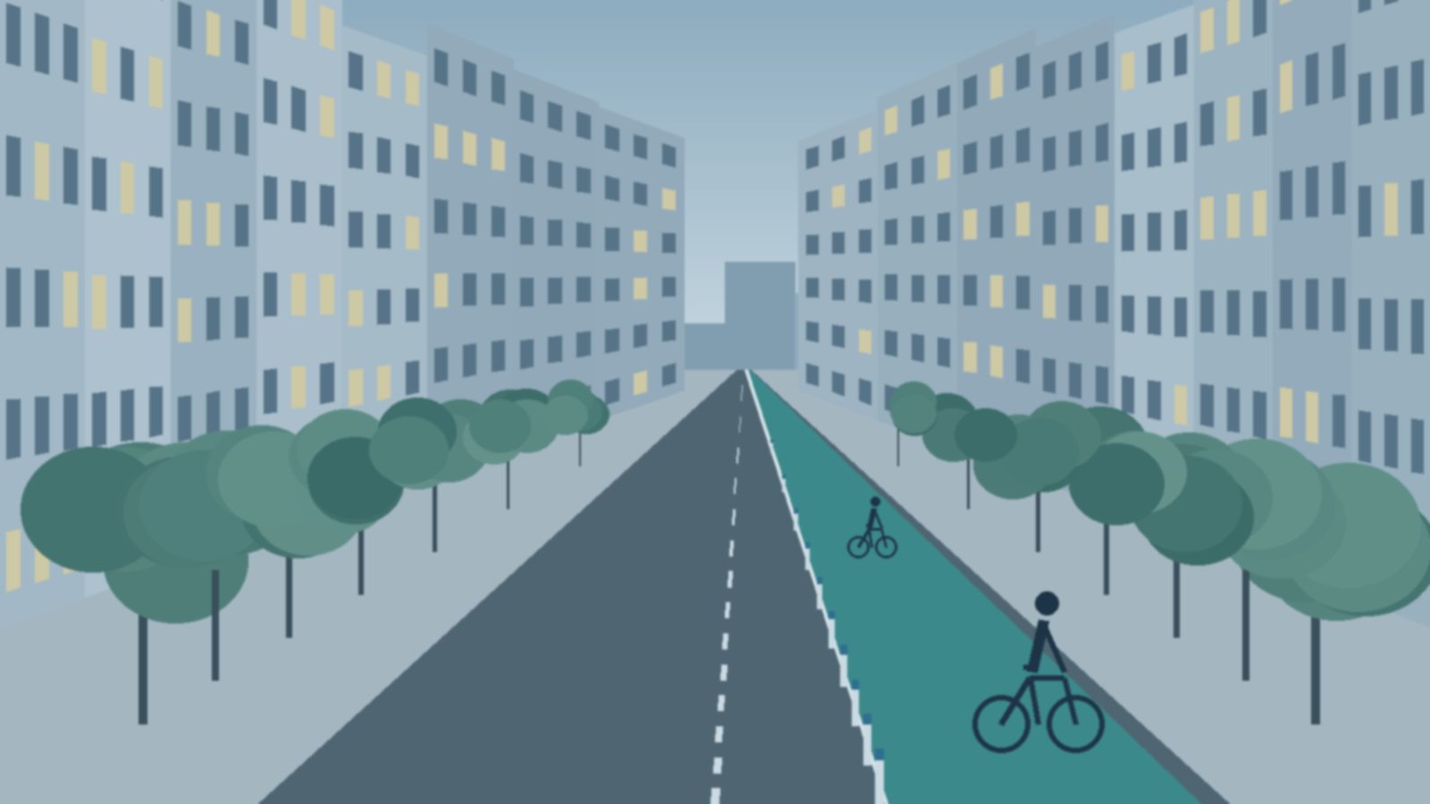 Carril bici arbolado junto a una calle peatonal al amanecer