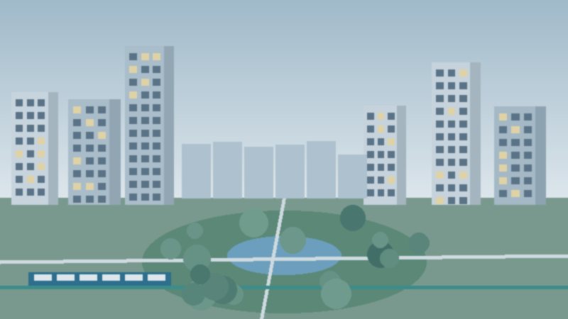 Nuevo barrio con edificios de viviendas alrededor de un parque central